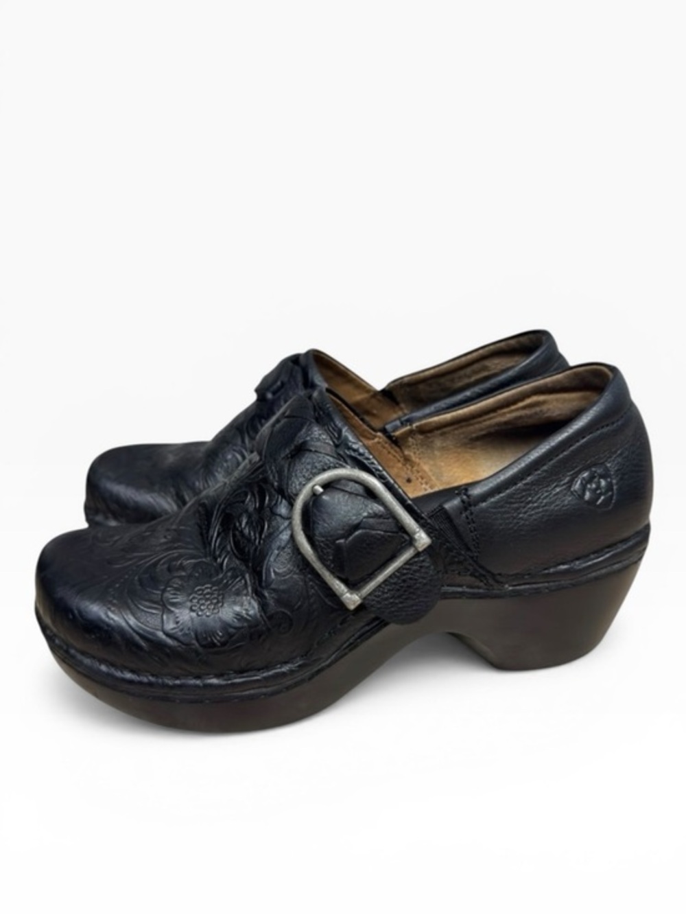Ariat Black Embossed Leather Clogs Buckle Strap Comfort Shoes Size US 6